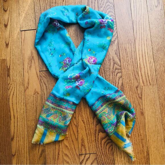 Anthropologie Moksha Wool Floral Paisley Rectangular Turquoise Scarf - Picture 2 of 8